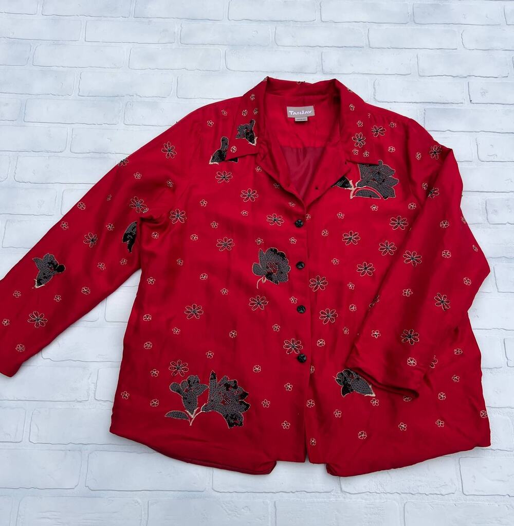 TanJay Women's  Red and Black Sequin Silk Button Lightweight Holiday Jacket-sz L